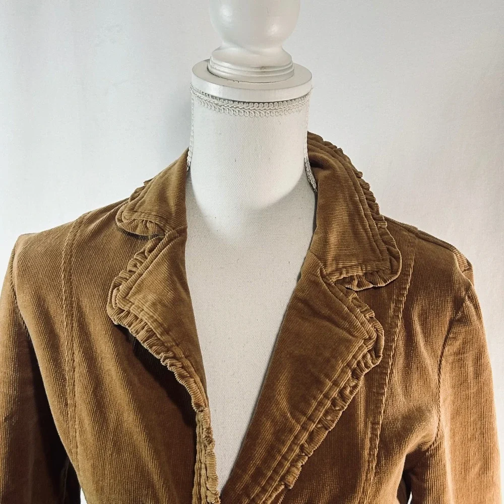 BKE Outerwear Brown Corduroy Ruffle Trim Blazer Jacket Womens Medium RN 107829 - Picture 2 of 8